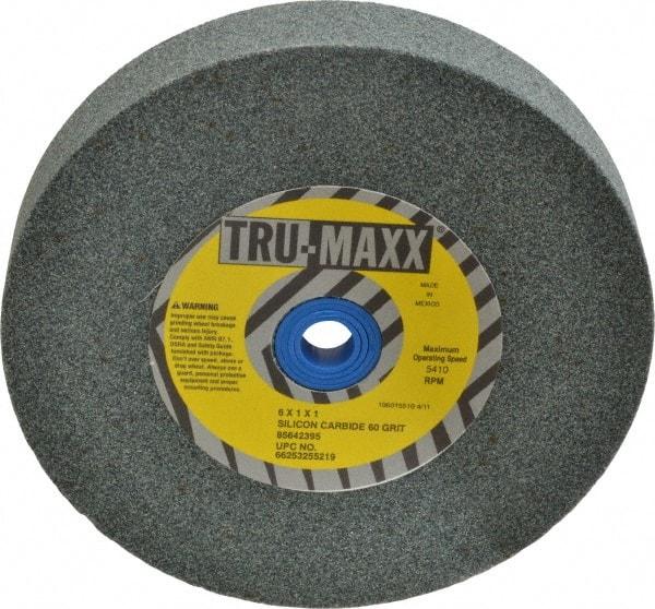 Tru-Maxx - 60 Grit Silicon Carbide Bench & Pedestal Grinding Wheel - 6" Diam x 1" Hole x 1" Thick, 5410 Max RPM, K Hardness, Medium Grade , Vitrified Bond - Eagle Tool & Supply