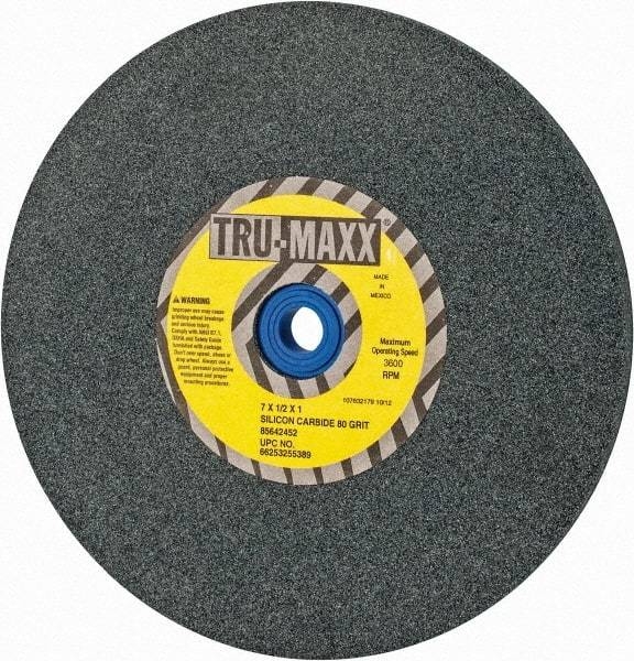 Tru-Maxx - 80 Grit Silicon Carbide Bench & Pedestal Grinding Wheel - 7" Diam x 1" Hole x 1/2" Thick, 3600 Max RPM, K Hardness, Medium Grade , Vitrified Bond - Eagle Tool & Supply