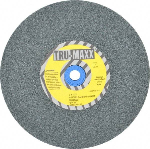 Tru-Maxx - 60 Grit Silicon Carbide Bench & Pedestal Grinding Wheel - 7" Diam x 1" Hole x 1" Thick, 3600 Max RPM, K Hardness, Medium Grade , Vitrified Bond - Eagle Tool & Supply