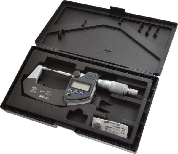 Mitutoyo - 1 Inch, 1.2598 Inch Throat Depth, Electronic Spline Micrometer - Accurate Up to 0.0001 Inch, 1/4 Inch Spindle Diameter, 0.18mm Head Diameter, Ratchet Stop Thimble, Data Output - Eagle Tool & Supply