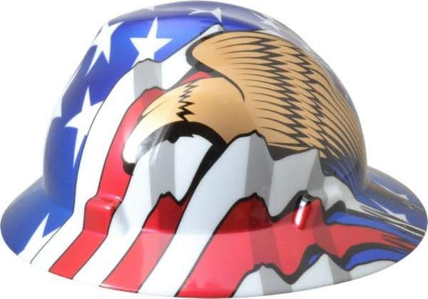 MSA - ANSI Type I, Class E Rated, 8-Point, Ratchet Adjustment Hard Hat - Size 6-1/2 to 8, Colored Graphics, Full Brim, American Flag with Eagles - Eagle Tool & Supply