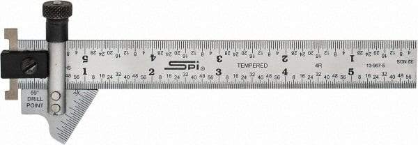 SPI - 6 Inch Long x 3/4 Wide Blade, 118° Bevel Angle, Steel Ruler Drill Point Gage - 1/8 Inch Ruler Graduation, Removable Ruler Hook - Eagle Tool & Supply