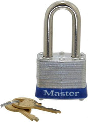 Master Lock - Keyed Alike Retaining Key Conductive Lockout Padlock - 1-1/2" Shackle Clearance, 9/32" Shackle Diam, 1-1/4" Body Height x 1-9/16" Body Width, Blue, 4 Pins - Eagle Tool & Supply