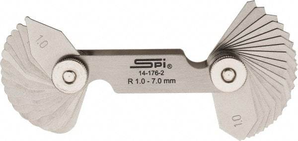 SPI - 34 Piece, 1 to 7 mm Radius, Stainless Steel Radius Gage Set - Style B, 0.25 mm Graduation - Eagle Tool & Supply