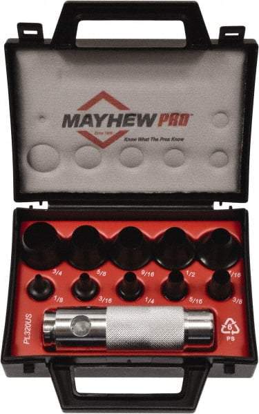 Mayhew - 11 Piece, 1/8 to 3/4", Hollow Punch Set - Round Shank, Alloy Steel, Comes in Plastic Case - Eagle Tool & Supply