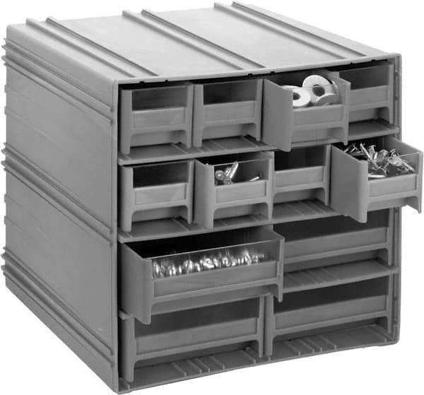 Quantum Storage - 14 Bin Interlocking Storage Cabinets - 11-3/4 Inch Overall Width x 11-3/8 Inch Overall Depth x 11 Inch Overall Height, Gray High Impact Polystyrene Bins - Eagle Tool & Supply