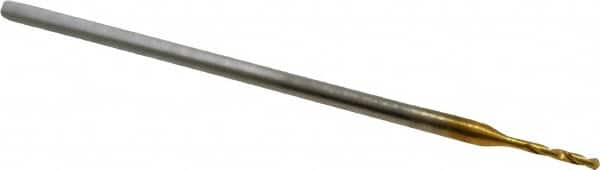 Micro Drill Bit: 0.0173″ Dia, 118 °, Cobalt TiN Finish, 0.984″ OAL, RH Cut, Spiral Flute, Straight-Cylindrical Shank, Series 660