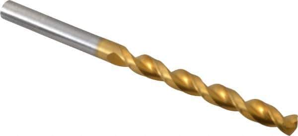 Guhring - 6.4mm 130° High Speed Steel Jobber Drill - TiN Finish, Right Hand Cut, Parabolic Flute, Straight Shank, 3-31/32" OAL, Standard Point - Eagle Tool & Supply