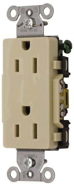 Hubbell Wiring Device-Kellems - 125 VAC, 15 Amp, 5-15R NEMA Configuration, Ivory, Specification Grade, Self Grounding Duplex Receptacle - 1 Phase, 2 Poles, 3 Wire, Flush Mount - Eagle Tool & Supply