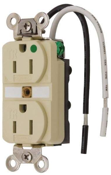 Hubbell Wiring Device-Kellems - 125 VAC, 15 Amp, 5-15R NEMA Configuration, Ivory, Hospital Grade, Self Grounding Duplex Receptacle - 1 Phase, 2 Poles, 3 Wire, Flush Mount, Chemical, Corrosion and Impact Resistant, Tamper Resistant - Eagle Tool & Supply