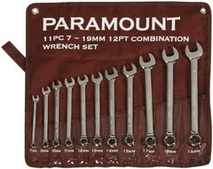 Paramount - 11 Piece, 7mm to 19mm, 12 Point Combination Wrench Set - Metric Measurement Standard, Full Polish Chrome Finish, Comes in Canvas Roll - Eagle Tool & Supply