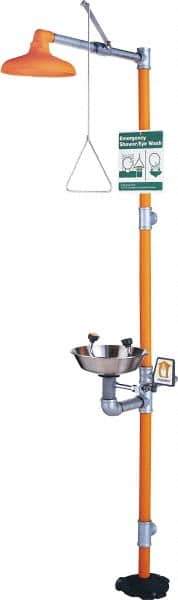 PRO-SAFE - 1-1/4" Inlet, 20 GPM shower Flow, Drench shower & Eyewash Station - Bowl, Triangular Pull Rod & Push Flag Activated, Galvanized Steel Pipe, Plastic Shower Head, 0.4 GPM Bowl Flow, Corrosion Resistant, Top or Mid Supply - Eagle Tool & Supply