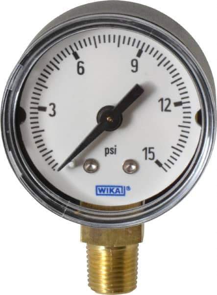 Wika - 1-1/2" Dial, 1/8 Thread, 0-15 Scale Range, Pressure Gauge - Lower Connection Mount, Accurate to 3-2-3% of Scale - Eagle Tool & Supply