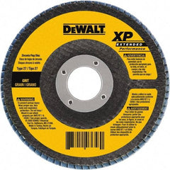 DeWALT - 120 Grit, 4-1/2" Disc Diam, 5/8-11 Center Hole, Type 29 Zirconia Alumina Flap Disc - 13,300 Max RPM, Poly Cotton Backing, Arbor Attaching System, Coated - Eagle Tool & Supply
