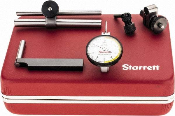 Starrett - 7 Piece, 0" to 0.01" Measuring Range, 1-3/8" Dial Diam, 0-5-0 Dial Reading, White Dial Test Indicator Kit - 13/16" Contact Point Length, 2mm Ball Diam, 0.0001" Dial Graduation - Eagle Tool & Supply