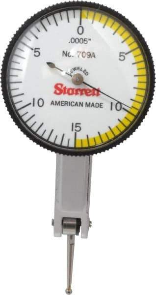 Starrett - 0.03 Inch Range, 0.0005 Inch Dial Graduation, Horizontal Dial Test Indicator - 1-3/8 Inch White Dial, 0-15-0 Dial Reading - Eagle Tool & Supply