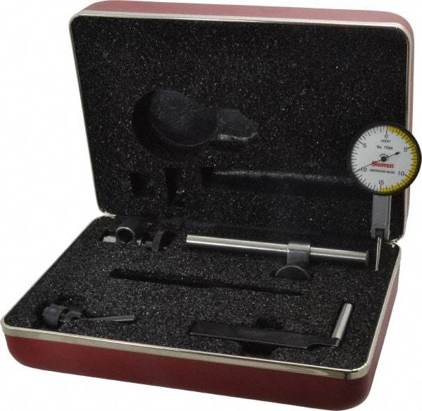 Starrett - 7 Piece, 0" to 0.03" Measuring Range, 1-3/8" Dial Diam, 0-15-0 Dial Reading, White Dial Test Indicator Kit - 13/16" Contact Point Length, 2mm Ball Diam, 0.0005" Dial Graduation - Eagle Tool & Supply