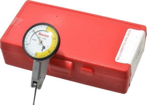 Starrett - 0.06 Inch Range, 0.0005 Inch Dial Graduation, Horizontal Dial Test Indicator - 1-3/8 Inch White Dial, 0-15-0 Dial Reading - Eagle Tool & Supply