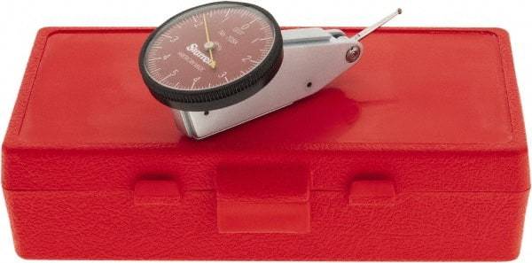 Starrett - 0.01 Inch Range, 0.0001 Inch Dial Graduation, Horizontal Dial Test Indicator - 1-3/8 Inch Red Dial, 0-5-0 Dial Reading - Eagle Tool & Supply
