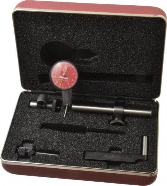 Starrett - 7 Piece, 0" to 0.01" Measuring Range, 1-3/8" Dial Diam, 0-5-0 Dial Reading, Red Dial Test Indicator Kit - 13/16" Contact Point Length, 2mm Ball Diam, 0.0001" Dial Graduation - Eagle Tool & Supply