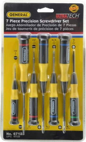 General - 7 Piece Phillips, Slotted & Torx Screwdriver Set - Bit Sizes: Philips #00 to #1, Torx T6 - Eagle Tool & Supply
