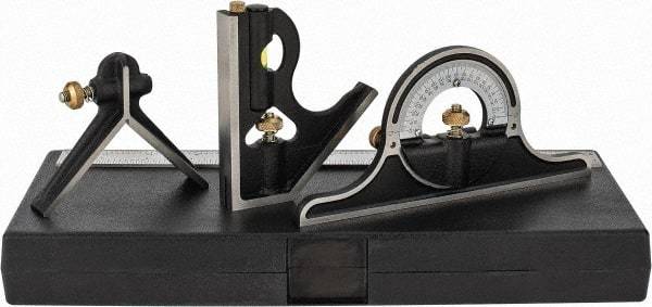Starrett - 4 Piece, 12" Combination Square Set - 1/16, 1/32, 1/64 & 1/8" (4R) Graduation, Hardened Steel Blade, Cast Iron Center, Protractor & Square Head - Eagle Tool & Supply