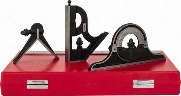 Starrett - 4 Piece, 12" Combination Square Set - 1/16, 1/32, 1/64 & 1/8" (4R) Graduation, Steel Blade, Cast Iron Center, Protractor & Square Head - Eagle Tool & Supply