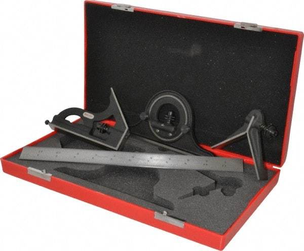 Starrett - 4 Piece, 12" Combination Square Set - 1/100, 1/32, 1/50 & 1/64" (16R) Graduation, Steel Blade, Cast Iron Center, Protractor & Square Head - Eagle Tool & Supply