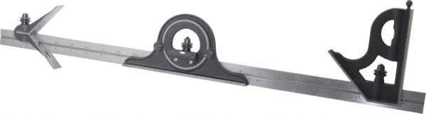 Starrett - 4 Piece, 24" Combination Square Set - 1/16, 1/32, 1/64 & 1/8" (4R) Graduation, Steel Blade, Cast Iron Center, Protractor & Square Head - Eagle Tool & Supply