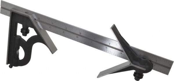 Starrett - 3 Piece, 12" Combination Square Set - 1/16, 1/32, 1/64 & 1/8" (4R) Graduation, Steel Blade, Cast Iron Center & Square Head - Eagle Tool & Supply