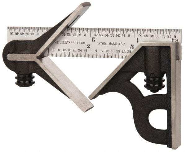 Starrett - 3 Piece, 4" Combination Square Set - 1/16, 1/32, 1/64 & 1/8" (4R) Graduation, Steel Blade, Cast Iron Center & Square Head - Eagle Tool & Supply