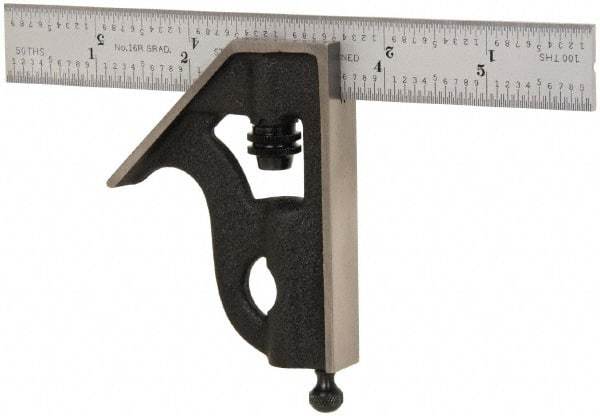 Starrett - 2 Piece, 6" Combination Square Set - 1/100, 1/32, 1/50 & 1/64" (16R) Graduation, Steel Blade, Cast Iron Square Head - Eagle Tool & Supply
