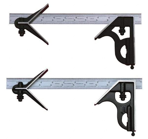 Starrett - 3 Piece, 18" Combination Square Set - 1/100, 1/32, 1/50 & 1/64" (16R) Graduation, Steel Blade, Cast Iron Center & Square Head - Eagle Tool & Supply