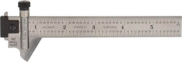 Starrett - 6 Inch Long, 59° Bevel Angle, Ruler Drill Point Gage - 1/32 Inch Bevel x 1/64 to 1/8 Ruler Graduation, Removable and Adjustable Ruler Hook, Depth Gage, Hook Rule, Plain Rule, Slide Caliper Function, Use with Rules 18.7mm Wide by 3/64 Inch Thick - Eagle Tool & Supply