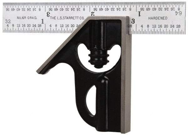 Starrett - 2 Piece, 4" Combination Square Set - 1/16, 1/32, 1/64 & 1/8" (4R) Graduation, Steel Blade, Forged Steel Square Head - Eagle Tool & Supply
