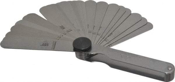 Starrett - 26 Piece, 0.0015 to 0.025" Thick, Parallel Feeler Gage Set - 3-1/32" Leaf Length, 1/2" Wide, Tempered Steel - Eagle Tool & Supply