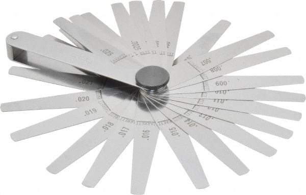 Starrett - 26 Piece, 0.0015 to 0.025" Thick, Tapered Feeler Gage Set - 3-1/32" Leaf Length, 1/4 to 1/2" (Tapered) Wide, Tempered Steel - Eagle Tool & Supply