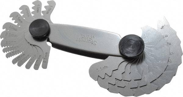 Starrett - 28 Leaf, 0.5 to 11.5mm Pitch Range, Steel Screw Pitch Gage - 60° Thread Angle - Eagle Tool & Supply
