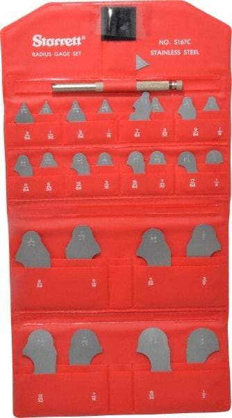 Starrett - 25 Piece, 1/64 to 1/2 Inch Radius, Stainless Steel Radius Gage Set - Satin Chrome Coated - Eagle Tool & Supply