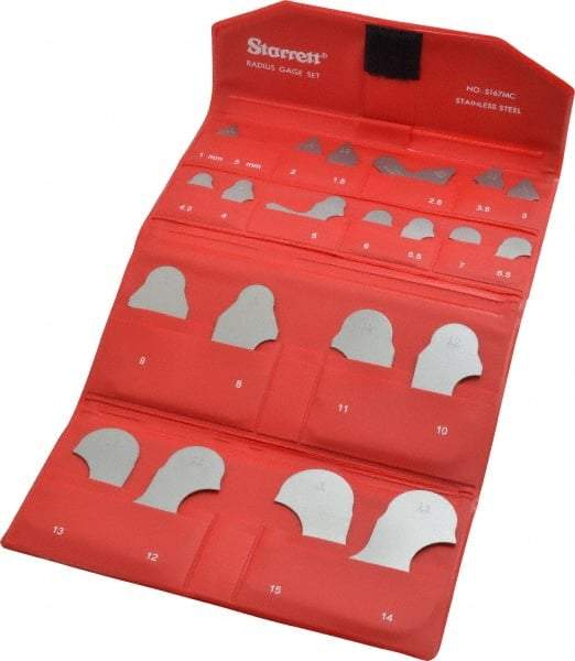 Starrett - 21 Piece, 1 to 15 mm Radius, Stainless Steel Radius Gage Set - Satin Chrome Coated - Eagle Tool & Supply