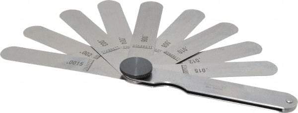 Starrett - 9 Piece, 0.0015 to 0.015" Thick, Parallel Feeler Gage Set - 3-1/32" Leaf Length, 1/2" Wide, Tempered Steel - Eagle Tool & Supply