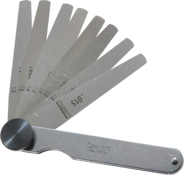 Starrett - 9 Piece, 0.0015 to 0.015" Thick, Tapered Feeler Gage Set - 3-1/32" Leaf Length, 1/4 to 1/2" (Tapered) Wide, Tempered Steel - Eagle Tool & Supply
