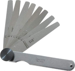 Starrett - 9 Piece, 0.0015 to 0.015" Thick, Tapered Feeler Gage Set - 3-1/32" Leaf Length, 1/4 to 1/2" (Tapered) Wide, Tempered Steel - Eagle Tool & Supply