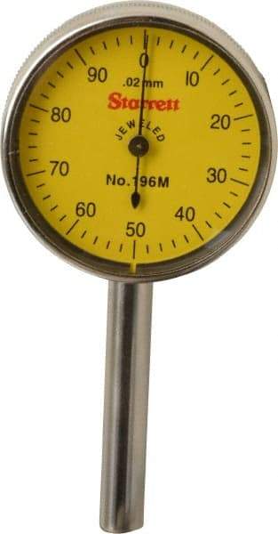 Starrett - 5 mm Range, 0.02 mm Dial Graduation, Horizontal Dial Test Indicator - 1-7/16 Inch Yellow Dial, 0-100 Dial Reading - Eagle Tool & Supply