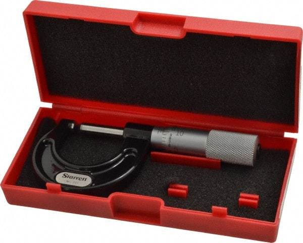 Starrett - Mechanical, 0 to 1 Inch Measurement, Satin Chrome Finish Carbide Face Ball Anvil Micrometer - 0.001 Inch Graduation, Plain Thimble - Eagle Tool & Supply