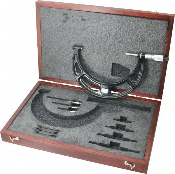 Starrett - 2 to 6" Range, 4 Piece Mechanical Outside Micrometer Set - 0.001" Graduation, Ratchet Stop Thimble, Steel Face - Eagle Tool & Supply