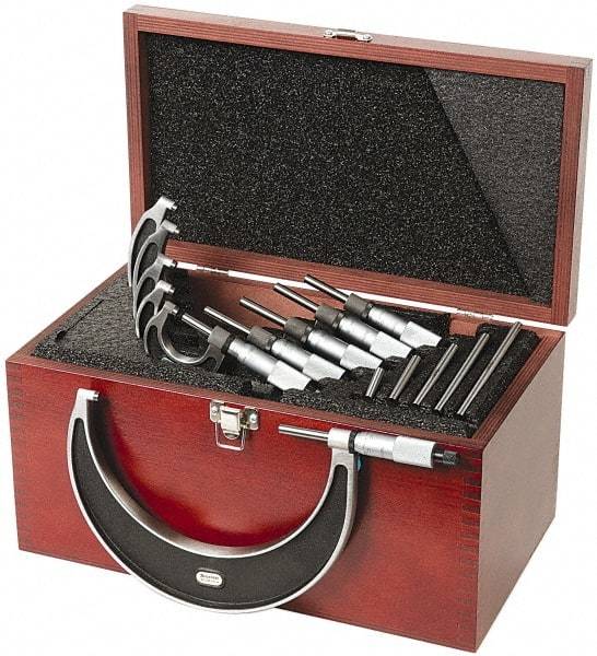 Starrett - 0 to 6" Range, 6 Piece Mechanical Outside Micrometer Set - 0.0001" Graduation, Ratchet Stop Thimble, Carbide Tipped Face - Eagle Tool & Supply