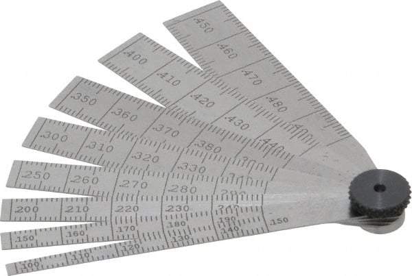 Starrett - 0.1 to 0.5 Inch Measurement, 8 Leaf Taper Gage - 2-1/2 Inch Long, Tempered Steel, 0.001 Inch Graduation - Eagle Tool & Supply