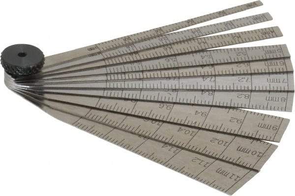Starrett - 2 to 12mm Measurement, 10 Leaf Taper Gage - 64mm Long, Tempered Steel, 0.02mm Graduation - Eagle Tool & Supply