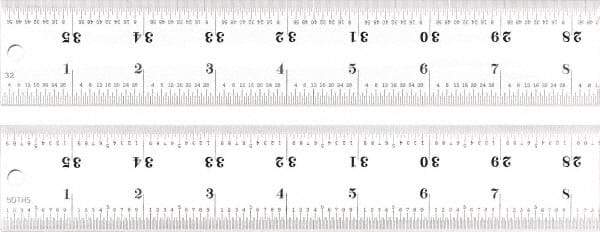 Starrett - 36" Long, 1/100, 1/64, 1/50, 1/32" Graduation, Rigid Spring Steel Rule - 16R Graduation Style, 1-1/2" Wide, Silver, Satin Chrome Finish - Eagle Tool & Supply